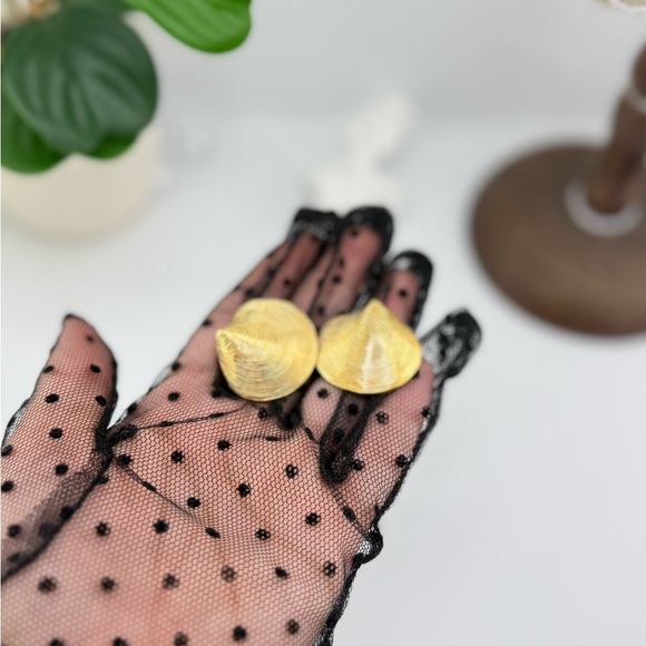 Gold Textured Seashell Statement Earrings – PVD Plated Stainless Steel - Picture 7 of 12